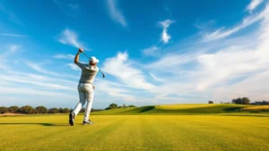 A golfer in mid-swing on a lush fairway with manicured grass, dramatic blue sky, and distant green visible, professional golf course setting with perfect turf conditions