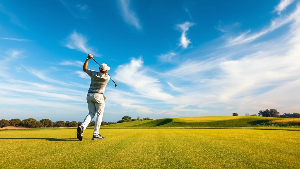 A golfer in mid-swing on a lush fairway with manicured grass, dramatic blue sky, and distant green visible, professional golf course setting with perfect turf conditions