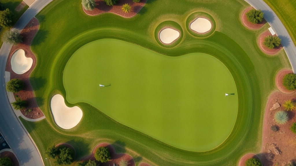Overhead view of a beautiful golf green complex surrounded by bunkers and landscaping, pristine putting surface with perfect grass texture, scenic course layout
