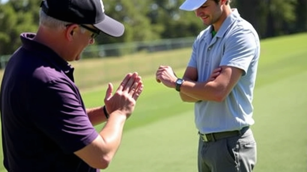 A golf instructor demonstrating proper grip and stance to a student on a practice range, showing hands-on teaching technique with natural sunlight, both wearing golf attire