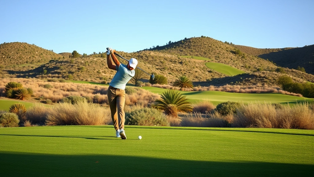 Professional golfer mid-swing on manicured fairway with natural elevation changes and native vegetation visible in background, morning sunlight casting shadows across course