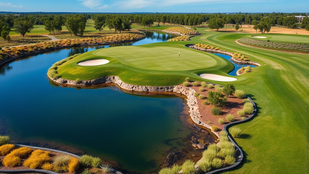 Aerial view of golf course hole featuring strategic water feature and native plant landscaping with natural drainage patterns, blue sky and green vegetation