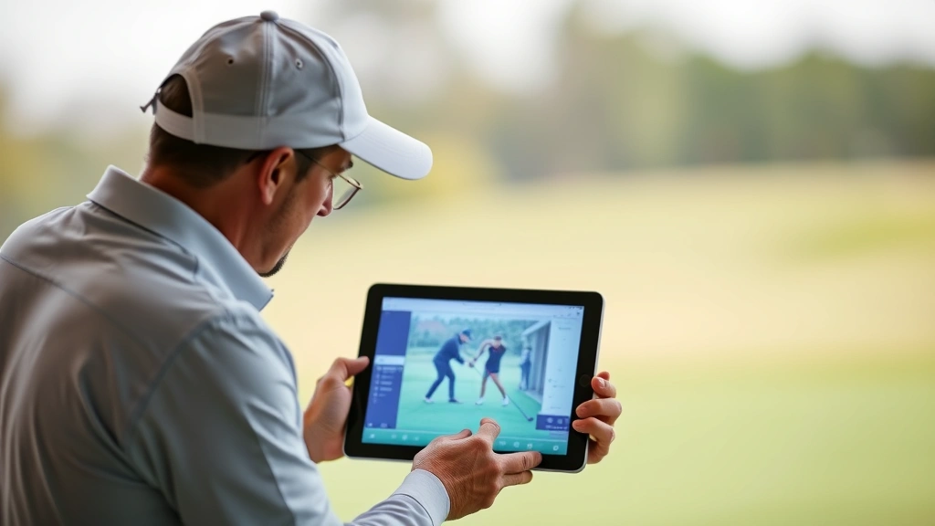 Professional golf coach reviewing high-speed video analysis on tablet with student, both focused on screen showing swing mechanics and technical feedback