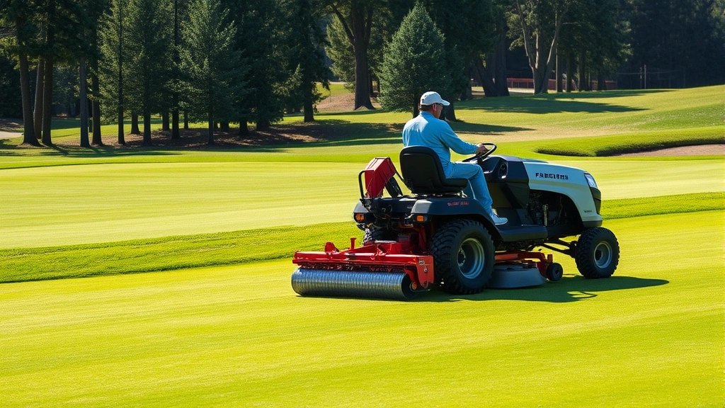 Golf course maintenance crew operating specialized equipment on fairway with course design features visible, demonstrating professional course conditioning practices