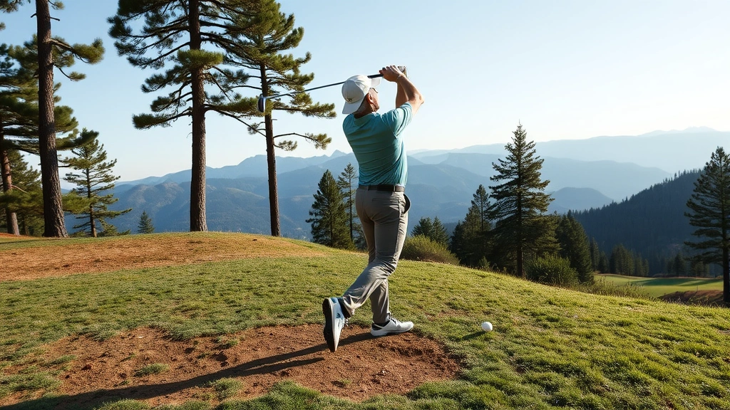 Professional golfer mid-swing at a high-elevation mountain course with pine trees and distant peaks visible, demonstrating proper form and balance on uneven terrain