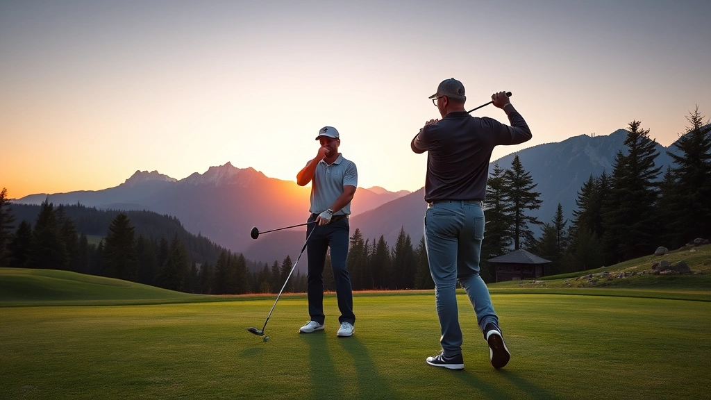 Professional golf coach instructing adult student on mountain golf course at sunrise, demonstrating swing mechanics with demonstrable focus, scenic mountain peaks in background, high elevation landscape with evergreen trees
