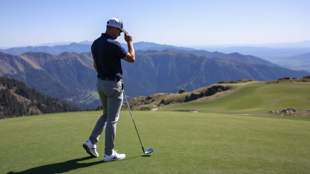 Golfer standing on a mountain fairway analyzing the landscape before selecting a club, with elevation changes and distant valleys visible in background