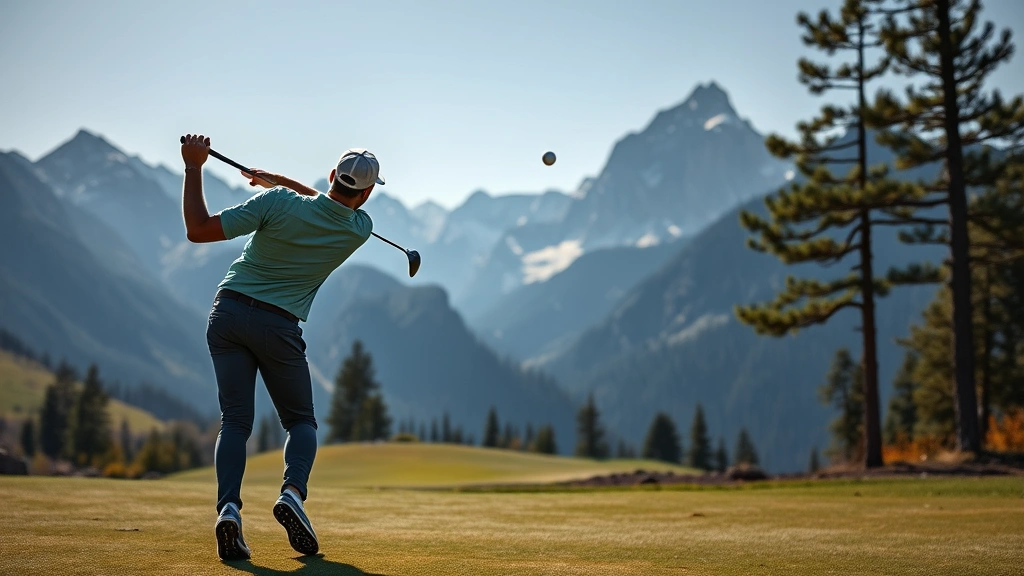 Golfer mid-swing at high altitude course with dramatic mountain vista behind, ball in flight against clear sky, natural outdoor learning environment with natural lighting and terrain