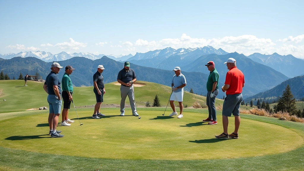 Small group of golfers on elevated green with mountain scenery, coaches providing feedback, practice session at altitude, natural outdoor educational setting with authentic golf course conditions
