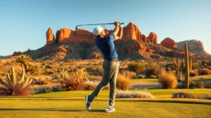 Professional golfer mid-swing on desert golf course with red rock formations and native cacti visible in background, golden afternoon sunlight, Arizona landscape