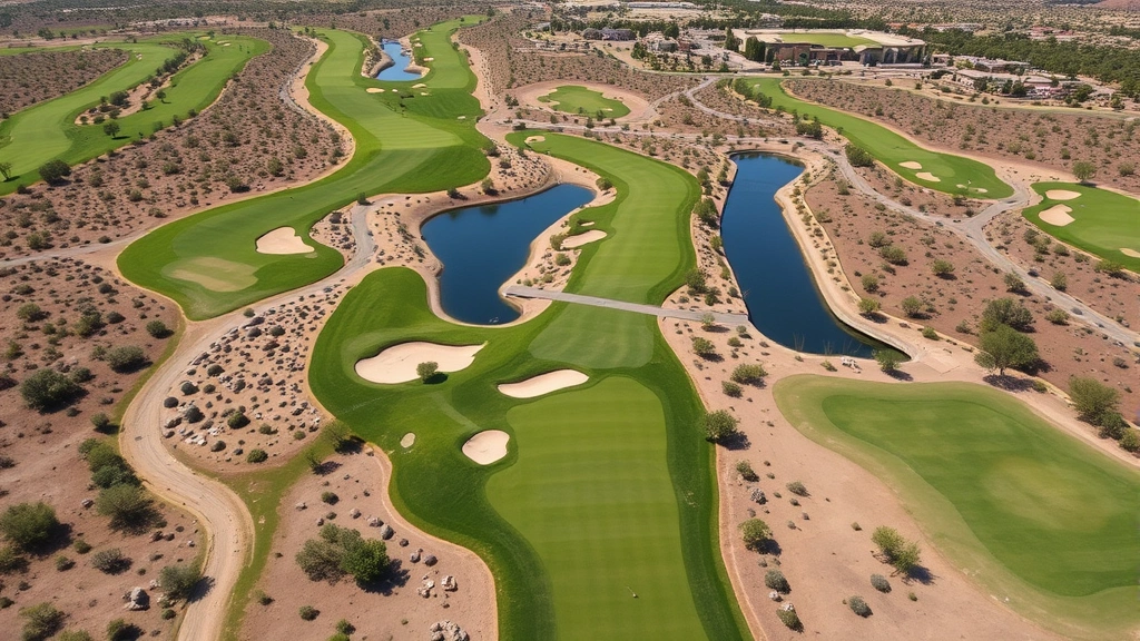 Aerial view of sprawling championship golf course fairway with bunkers, water hazards, and manicured greens surrounded by Sonoran Desert vegetation