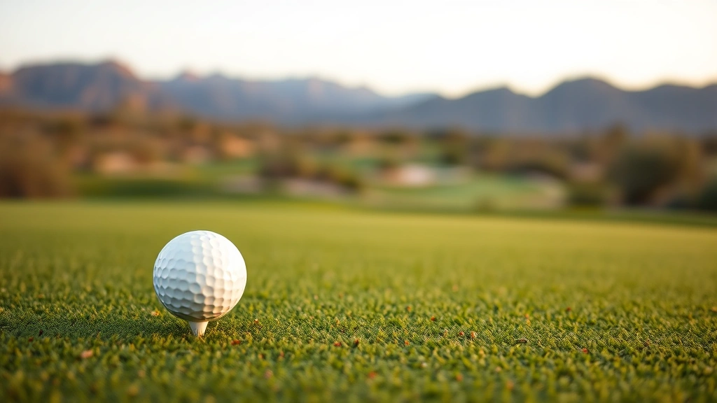 Close-up of golf ball on firm, contoured green with desert landscape and mountains visible in soft-focused background, professional golf course maintenance