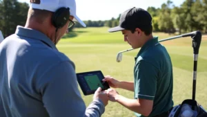 Golfer at Falcon Crest receiving swing analysis feedback from instructor using tablet technology, outdoors on practice range with natural lighting, showing collaborative learning moment