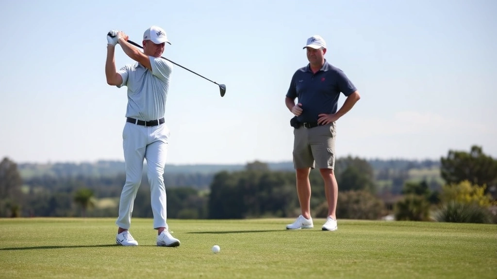Golfer mid-swing on fairway with instructor observing in background, scenic golf course landscape, demonstrating active practice and real-time feedback coaching