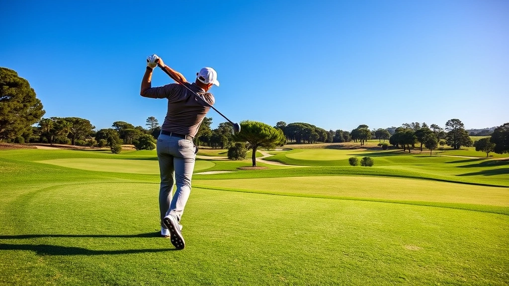 Professional golfer mid-swing on lush fairway with manicured greens in background, natural landscape, afternoon sunlight, clear blue sky