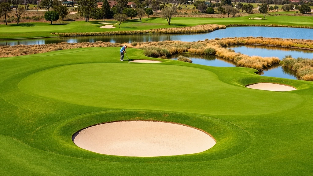 Pristine golf green with sand bunkers, scenic water feature, natural landscaping, golfers putting, peaceful course environment, championship conditions