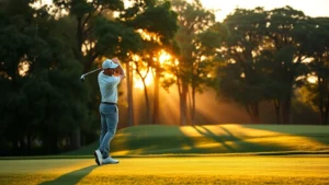 Professional golfer mid-swing at sunrise on manicured fairway with trees in background, focused concentration, natural lighting, realistic detail