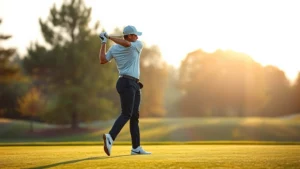 Professional golfer mid-swing on manicured fairway with morning sunlight, trees in soft focus background, demonstrating proper form and athletic posture