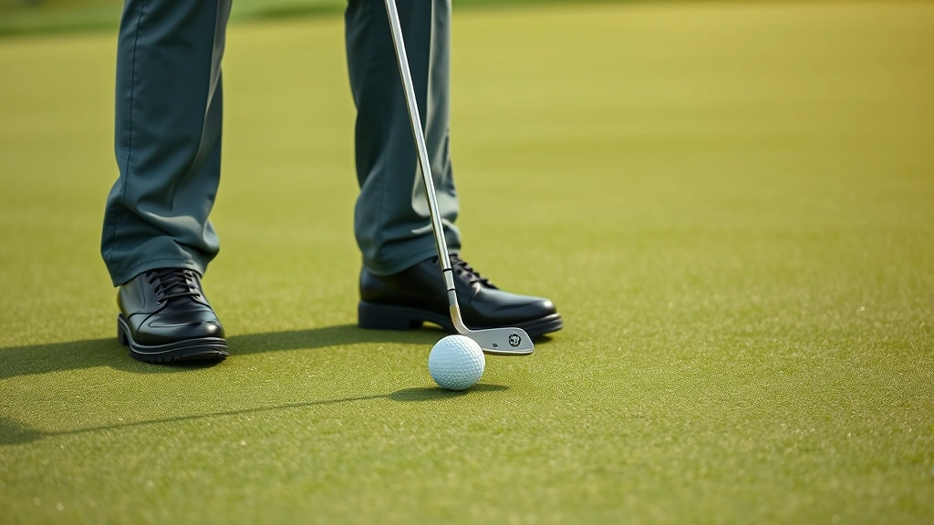 Golfer reading green with putter, studying break patterns and slope while standing over ball on perfectly maintained putting surface, concentrated focus