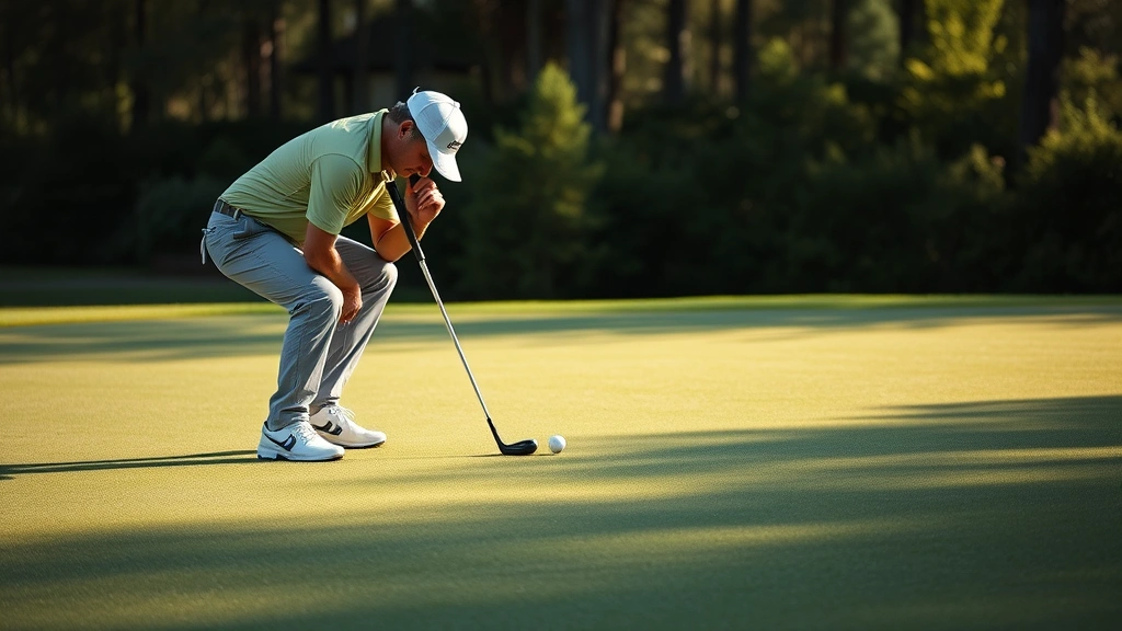 Golfer reading green contours before putt, studying slopes and elevation changes, strategic thinking pose, well-maintained putting surface, realistic lighting