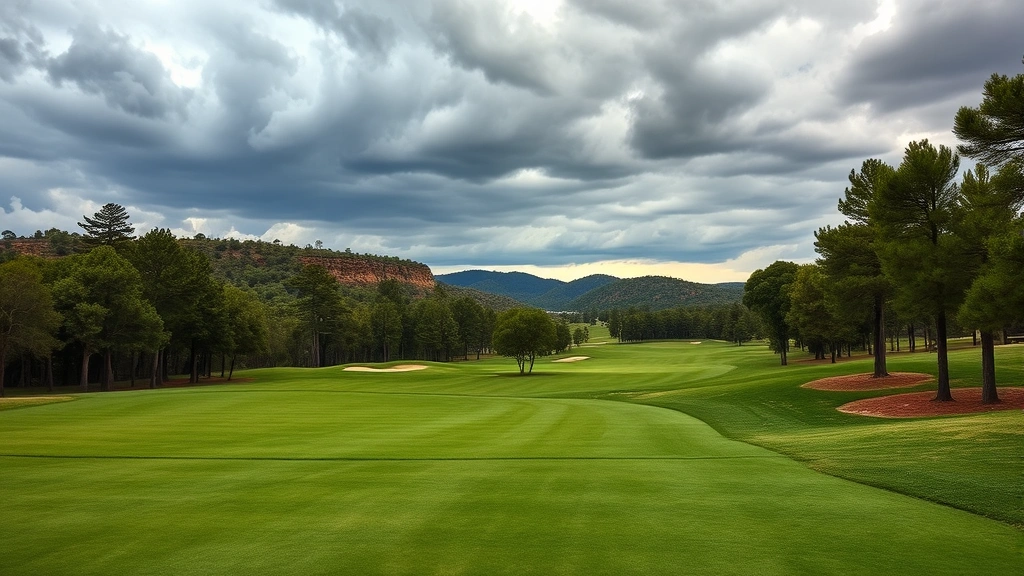 Scenic golf course landscape showing fairway lined with trees, elevated green with bunkers, and natural terrain undulation, dramatic sky overhead