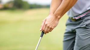 Professional golfer demonstrating proper golf grip technique with hands positioned on club, showing neutral hand alignment and grip pressure, outdoor golf range setting with blurred fairway background