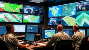 Emergency management professionals in a modern operations center with multiple computer monitors displaying real-time incident data, maps, and coordination information during a disaster response scenario