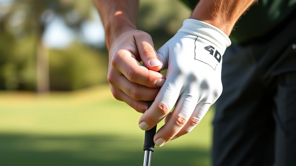 Professional golfer demonstrating proper grip position on golf club, close-up of hands showing overlapping grip technique, outdoor practice range setting with natural lighting