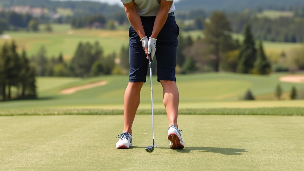 Golfer in athletic stance at address position, showing proper alignment and posture, feet shoulder-width apart, facing fairway with golf course landscape in background