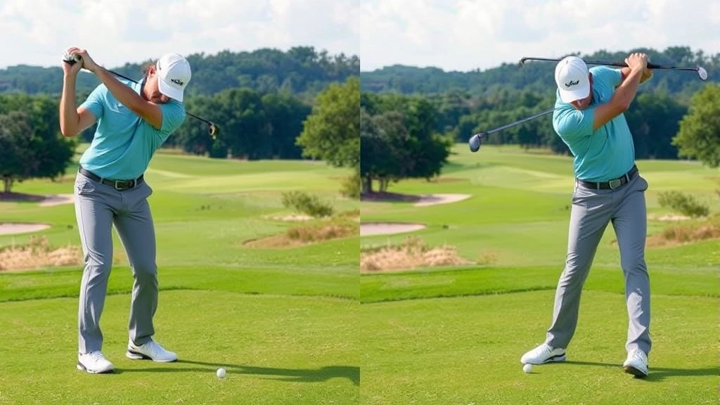Golfer completing follow-through after impact, balanced finish position with club over shoulder, course scenery visible, demonstrating proper sequencing and weight transfer through the shot