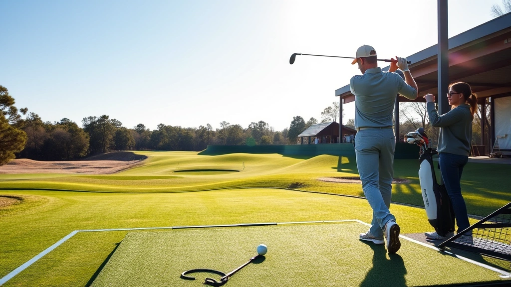 Beginner golfer practicing swing on driving range with golf balls, showing proper stance and posture, morning sunlight, professional golf facility background, realistic photography