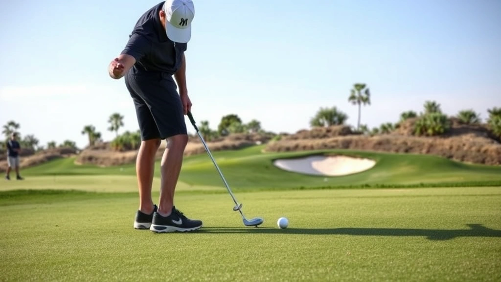 Golfer practicing short game chips near green with bunkers visible, focused concentration, multiple golf balls positioned for practice drill