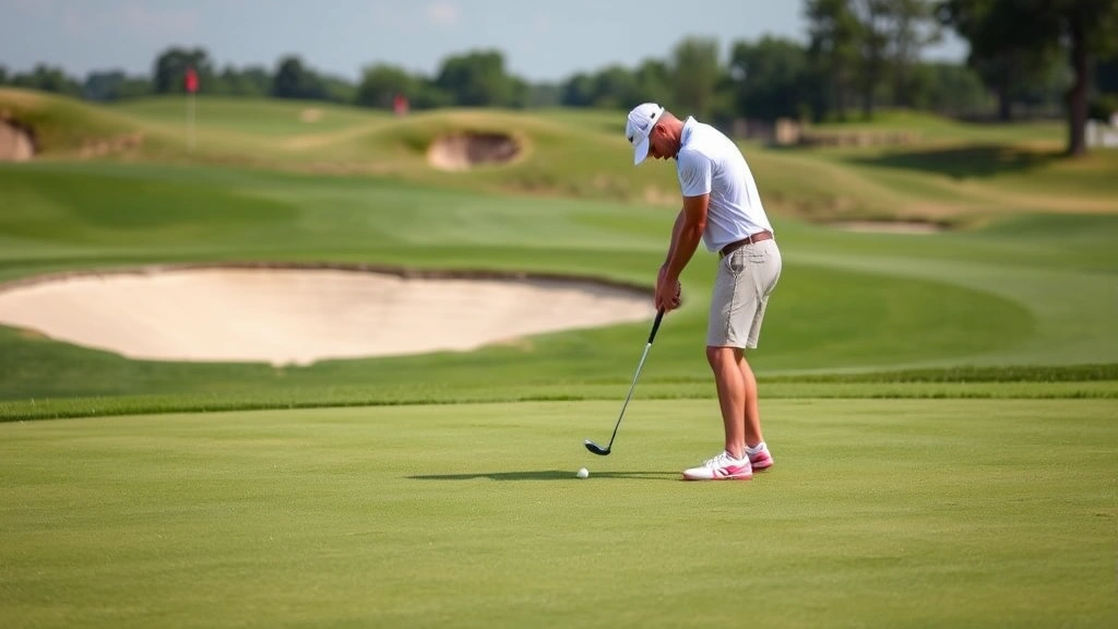 Golfer chipping near green with sand bunker visible, demonstrating short-game technique, manicured grass fairway, natural golf course landscape, daytime outdoor setting