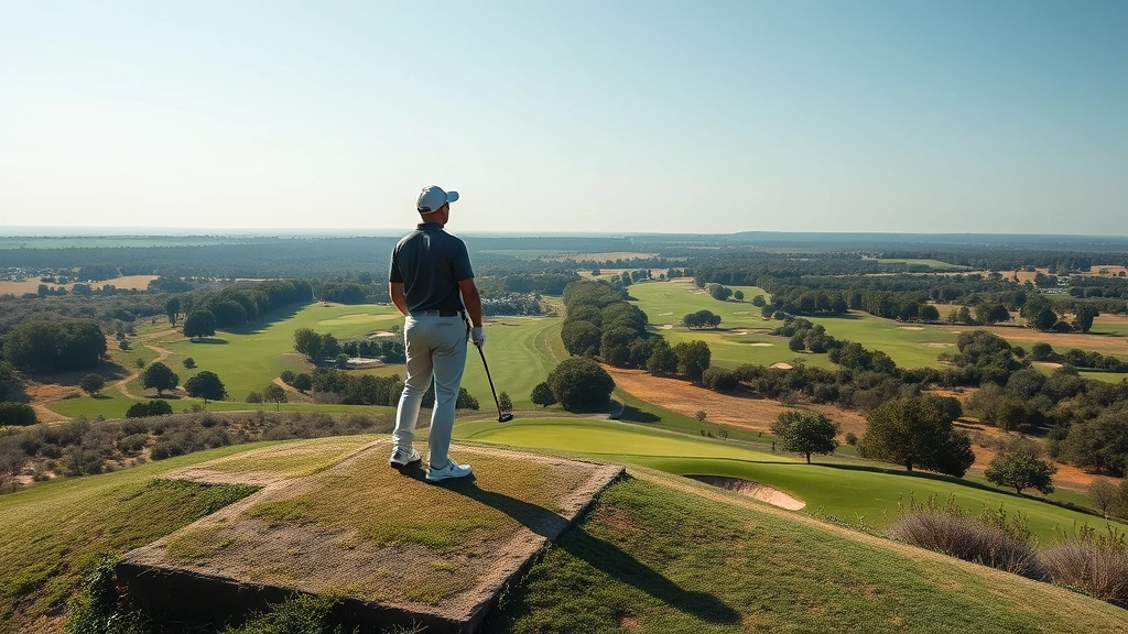 Golfer standing on elevated tee box studying course layout with golf course stretching below, scenic landscape, strategic course management visualization
