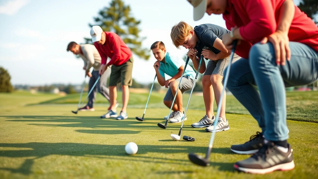 Group of beginner golfers on putting green practicing different distances, concentrated expressions, green grass and pin visible, golf course setting, realistic daylight photography