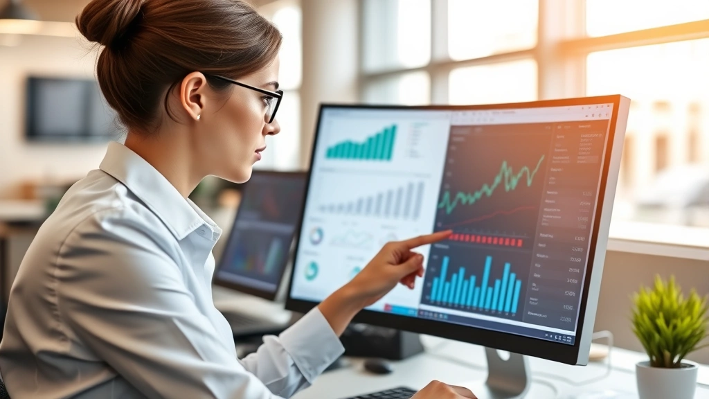 Professional woman analyzing financial technology dashboard on computer screen in modern office setting, charts and data visualizations visible, focused concentration