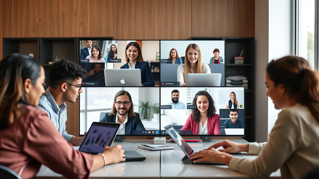 Diverse group of online learners collaborating remotely on fintech project, laptops and tablets, virtual meeting interface visible, professional environment