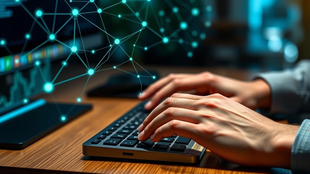 Close-up of hands typing on keyboard with blockchain network visualization holographically displayed above desk, financial technology concept, modern workspace