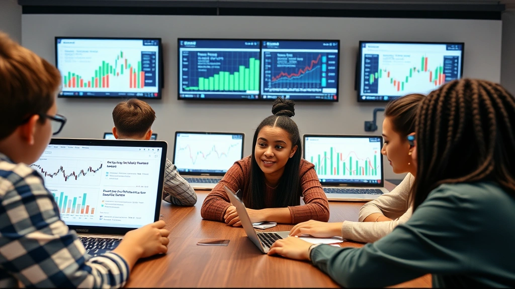 Young diverse students in a virtual classroom learning environment, engaged with financial education materials, laptop screens showing investment concepts and market analysis