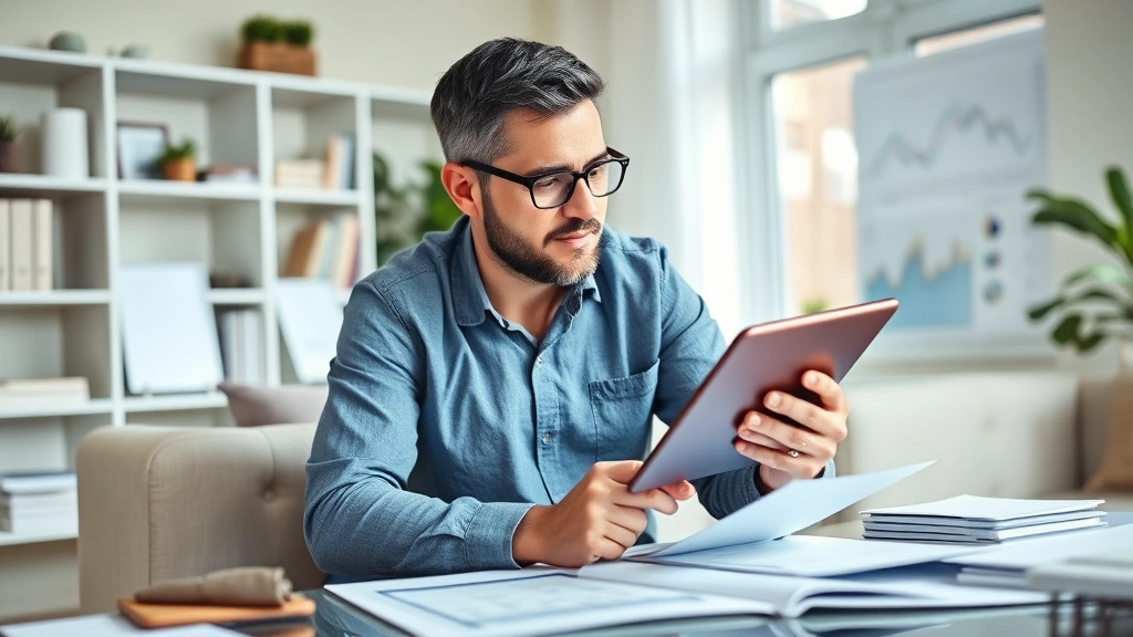 Confident investor reviewing portfolio performance on tablet device in comfortable home office, surrounded by financial documents and charts, natural daylight