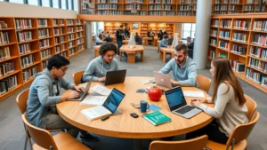 Students sitting in a modern university library at collaborative study tables with laptops and textbooks, reviewing course catalogs and planning their schedules together