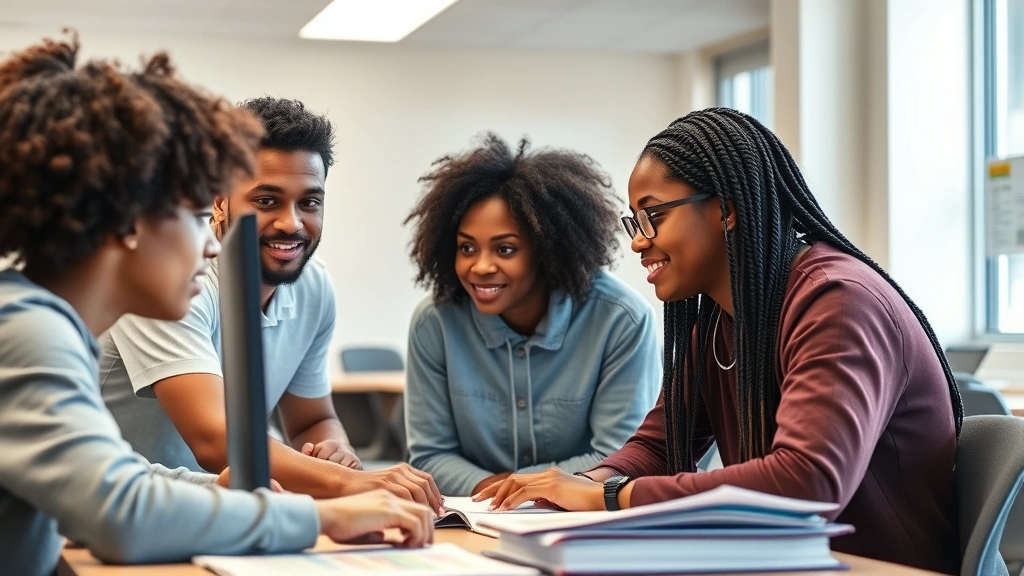 Close-up of a diverse group of students reviewing course information on a computer screen in a bright academic advising office, with course catalogs visible
