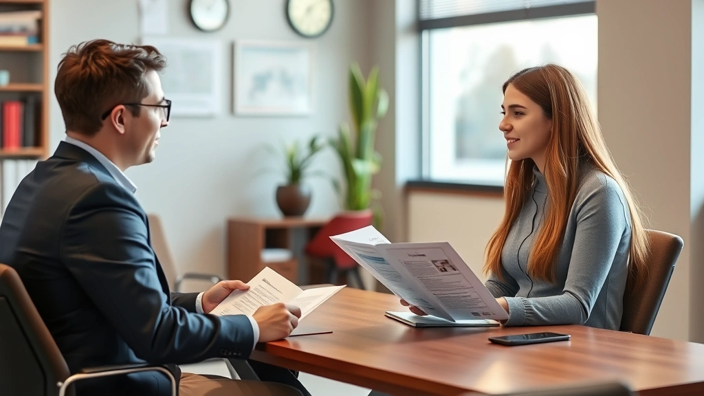 A student meeting with an academic advisor in a professional office setting, discussing degree requirements and course selections from the catalog, warm natural lighting
