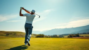 Professional golfer mid-swing on beautiful fairway with mountain vista and blue sky background, perfect form demonstrating proper golf technique