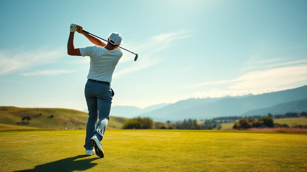 Professional golfer mid-swing on beautiful fairway with mountain vista and blue sky background, perfect form demonstrating proper golf technique