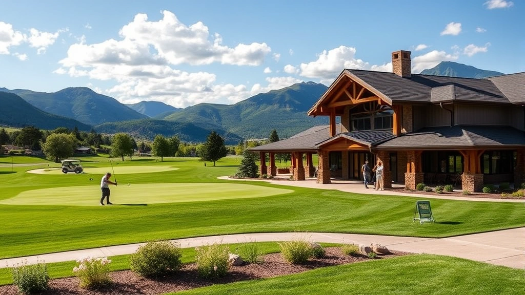 Golf course clubhouse with practice range visible, golfers warming up with natural Colorado mountain backdrop, professional facilities and manicured grounds