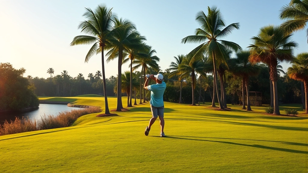 Golfer mid-swing on lush fairway surrounded by palm trees and water hazard, morning sunlight, natural Florida landscape with native vegetation and clear sky