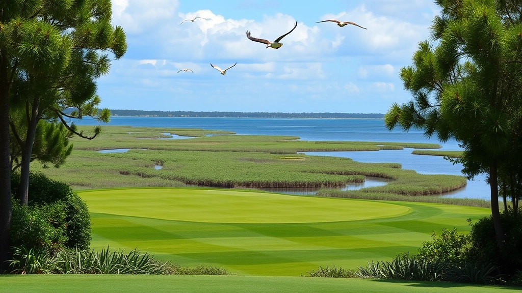 Scenic golf course hole with elevated tee box overlooking coastal wetlands, osprey flying above, mangroves and native plants framing fairway, serene water features