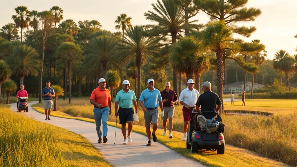 Group of diverse golfers walking on cart path through state park landscape with pine trees, saw palmettos, and natural Florida terrain, late afternoon golden light