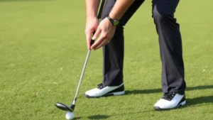Professional golfer demonstrating proper grip and stance on a practice range, hands clearly showing club positioning, neutral posture with athletic stance, morning light on grass